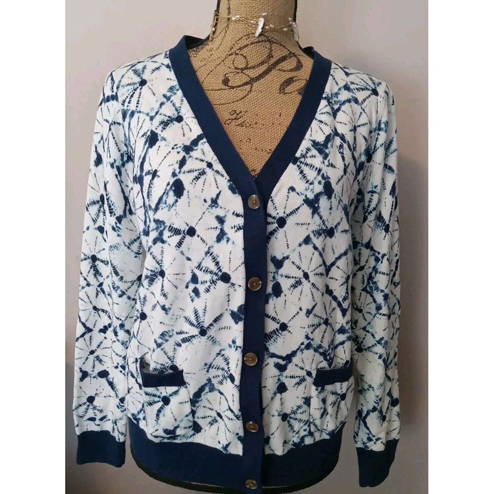 Thakoon Women Blue Pattern Dye Diamond Button Down Longsleeve Sweater Size L